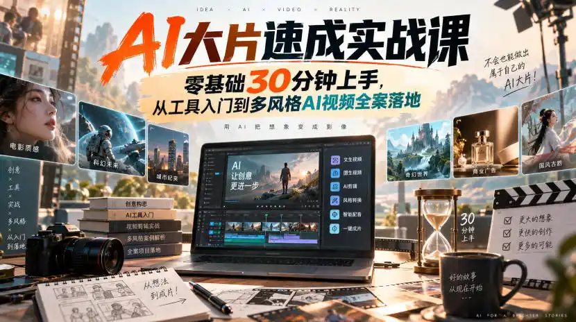 AI大片速成实战课｜零基础30分钟上手，从工具入门到多风格AI视频全案落地-百盟网