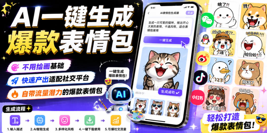 AI一键生成爆款表情包，不用绘画基础，快速产出适配社交平台，自带流量潜力的爆款表情包-百盟网