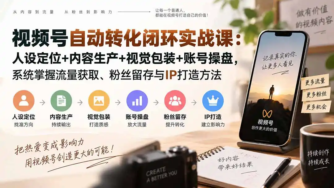 视频号自动转化闭环实战课：人设定位+内容生产+视觉包装+账号操盘，系统掌握流量获取、粉丝留存与IP打造方法-百盟网