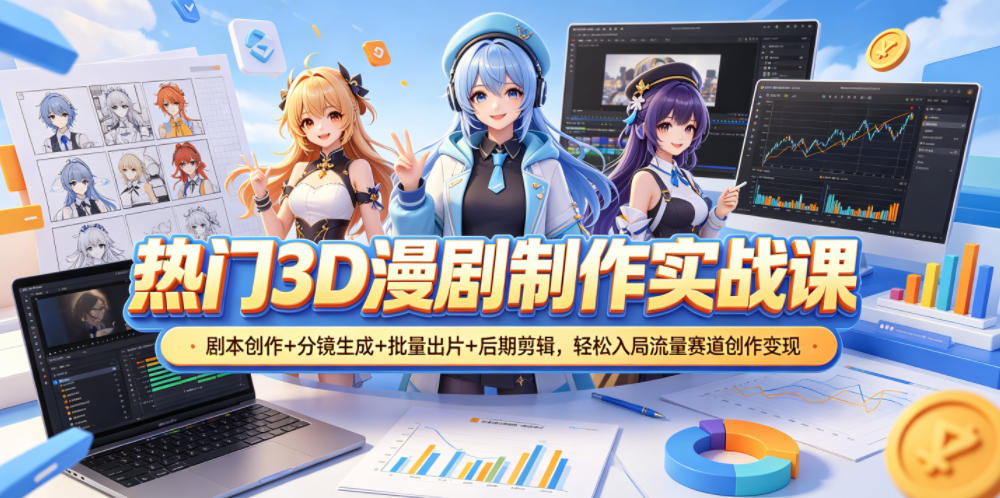 热门3D漫剧制作实战课,剧本创作+分镜生成+批量出片+后期剪辑,轻松入局流量赛道创作变现-百盟网