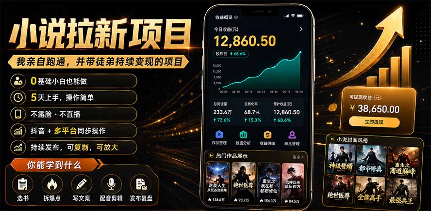抖音及多平台小说拉新项目:我亲自跑通并持续带徒弟实操|0基础小白5天上手快速变现-百盟网