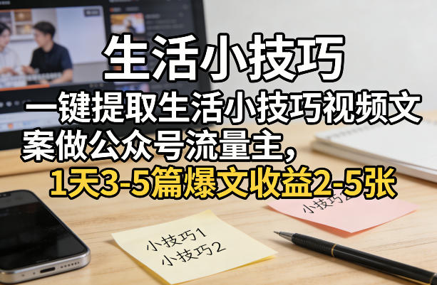 一键提取生活小技巧视频文案做公众号流量主,1天3-5篇爆文收益2-5张-百盟网