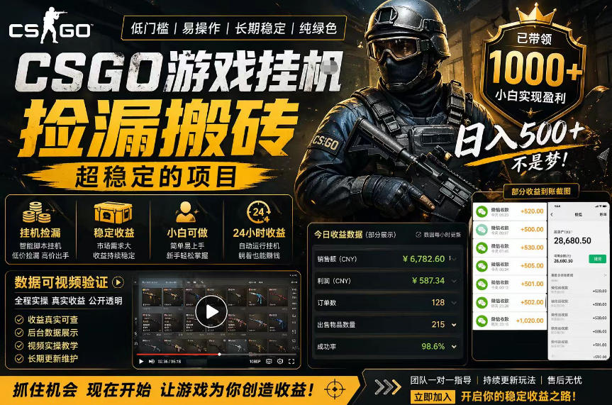 CSGO游戏搬砖，全自动挂G，不需要玩游戏，手机操作日入300+，解放双手【揭秘】-百盟网