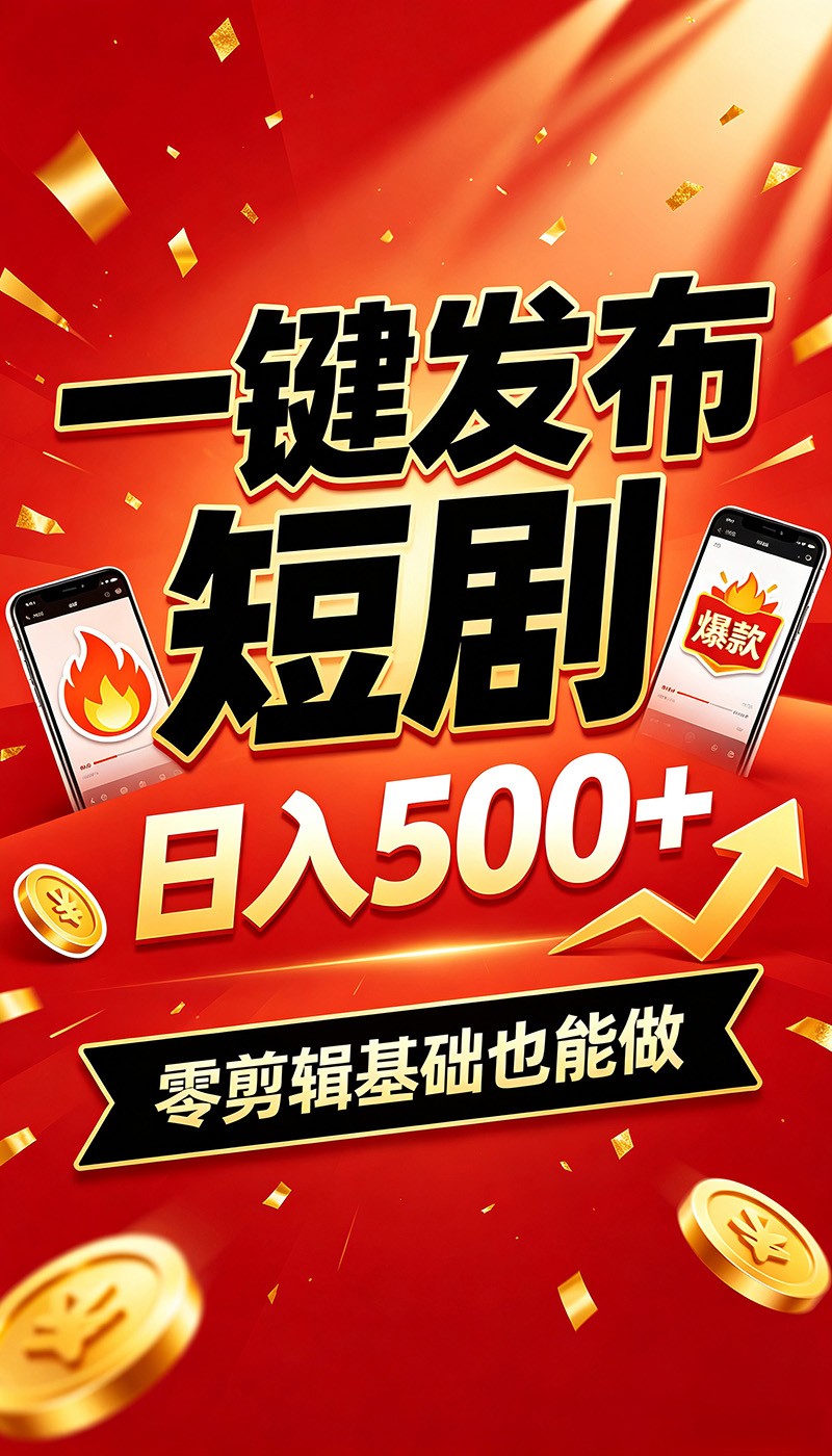 快手短剧一键发布，不用剪辑操作简单，副业日入500+。空闲时间轻松赚收益-百盟网
