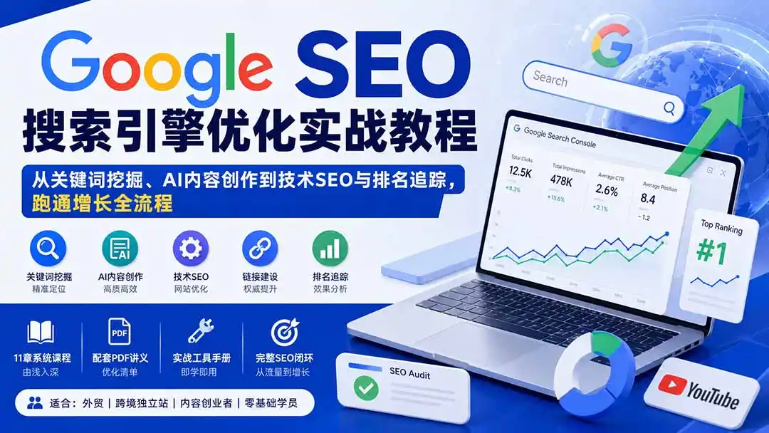 Google SEO搜索引擎优化实战教程:从关键词挖掘、AI内容创作到技术SEO与排名追踪,跑通增长全流程 Google SEO搜索引擎优化实战教程:从关键词挖掘、AI内容创作到技术SEO与排名追踪,跑通增长全流程