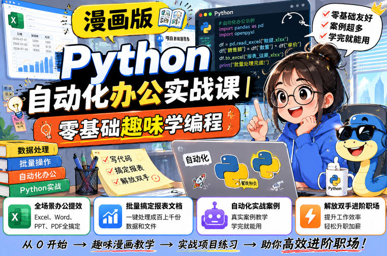 漫画版Python自动化办公实战课|零基础趣味学编程,全场景办公提效、批量搞定报表文档、解放双手进阶职场-百盟网