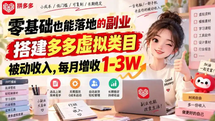 零基础也能落地的副业，搭建多多虚拟类目被动收入，每月增收1-3W【揭秘】-百盟网