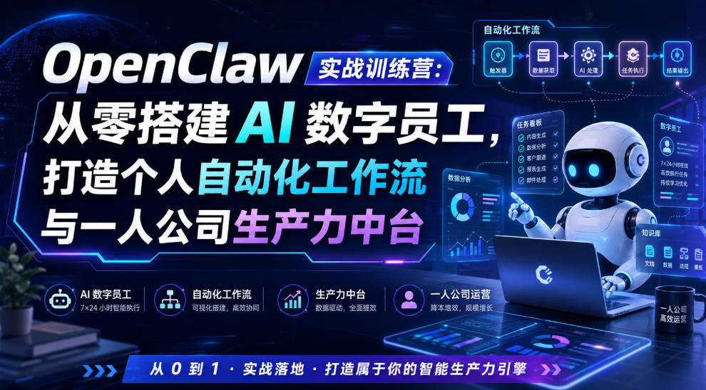 OpenClaw实战训练营:从零搭建AI数字员工,打造个人自动化工作流与一人公司生产力中台