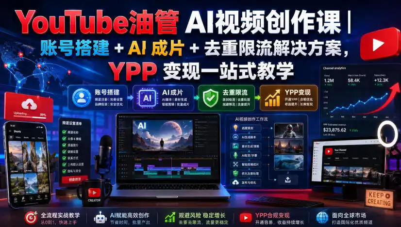 YouTube油管AI视频创作课|账号搭建+AI成片+去重限流解决方案,YPP变现一站式教学-百盟网