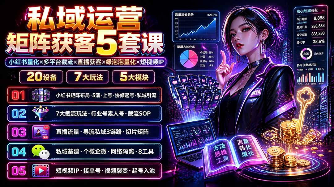 私域运营矩阵获客5套课:小红书量化×多平台截流×直播获客×绿泡泡量化×短视频IP×20设备×7大玩法-百盟网