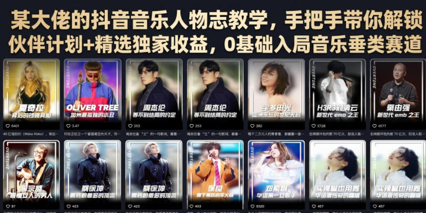 某大佬的抖音音乐人物志教学,手把手带你解锁伙伴计划+精选独家收益,0基础入局音乐垂类赛道-百盟网
