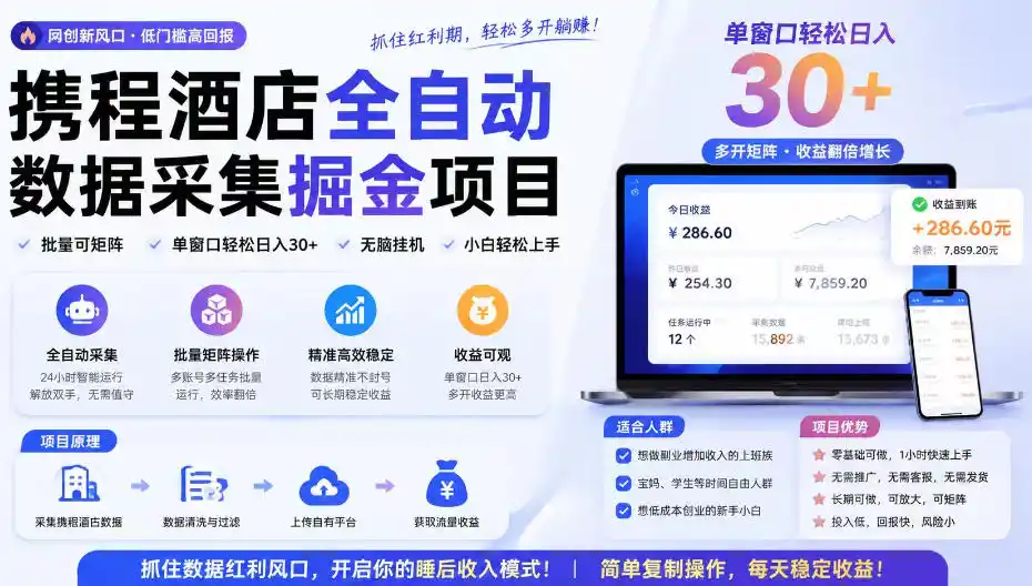 携程酒店采集挂G项目,批量可矩阵,单机轻松日入300+,开启你的睡后收入模式!【揭秘】-百盟网