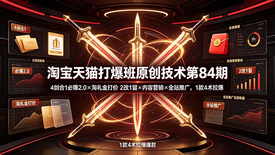 淘宝天猫打爆班原创技术第84期：4剑合1必爆2.0×淘礼金打价×2改1留×内容营销×全站推广，1款4术拉爆-百盟网