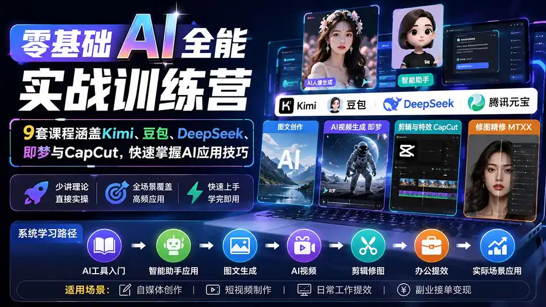 零基础AI全能实战训练营:9套课程涵盖Kimi、豆包、DeepSeek、即梦与CapCut,快速掌握AI应用技巧 零基础AI全能实战训练营:9套课程涵盖Kimi、豆包、DeepSeek、即梦与CapCut,快速掌握AI应用技巧