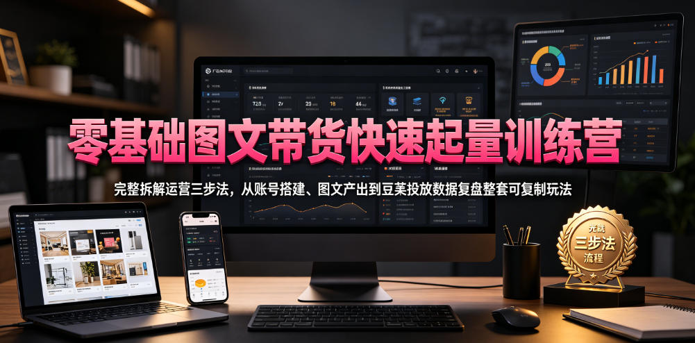 零基础图文带货快速起量训练营，完整拆解运营三步法，从账号搭建、图文产出到豆荚投放数据复盘整套可复制玩法-百盟网