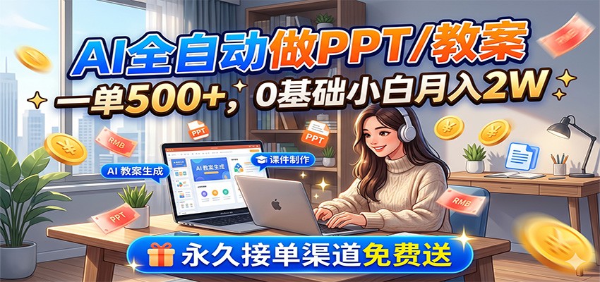 AI全自动做PPT/教案,一单500+,0基础小白月入2W,永久接单渠道免费送-百盟网