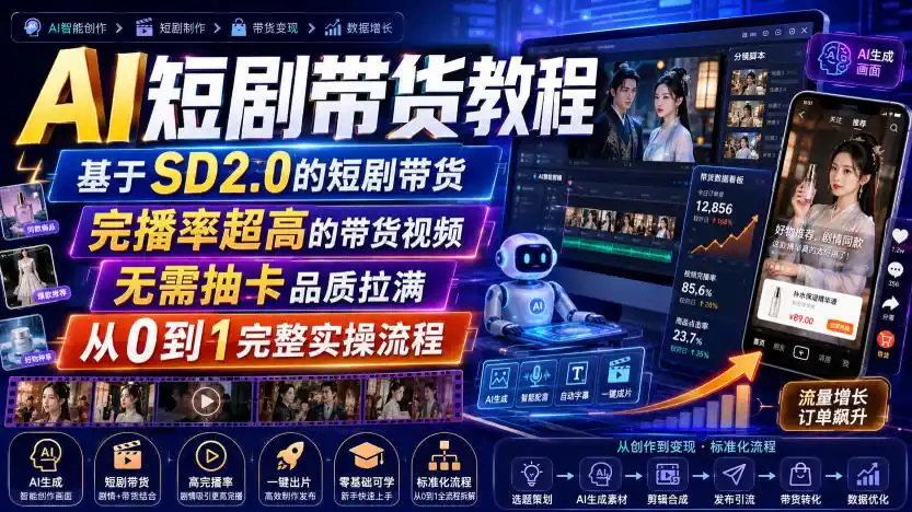 AI短剧带货教程,基于SD2.0的短剧带货,完播率超高的带货视频,无需抽卡品质拉满,从0到1完整实操流程-百盟网