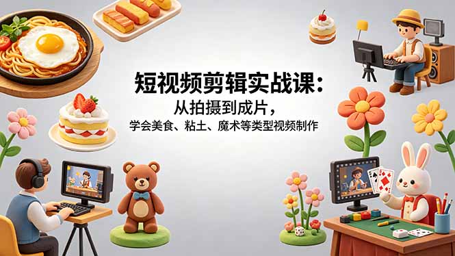 短视频剪辑实战课：从拍摄到成片，学会美食、粘土、魔术等类型视频制作-百盟网