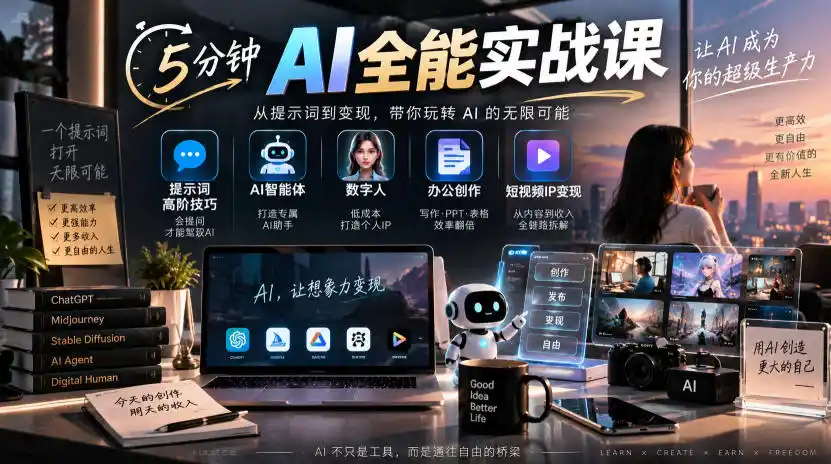 5分钟AI全能实战课｜提示词高阶技巧+AI智能体+数字人+办公创作+短视频IP变现全教程-百盟网