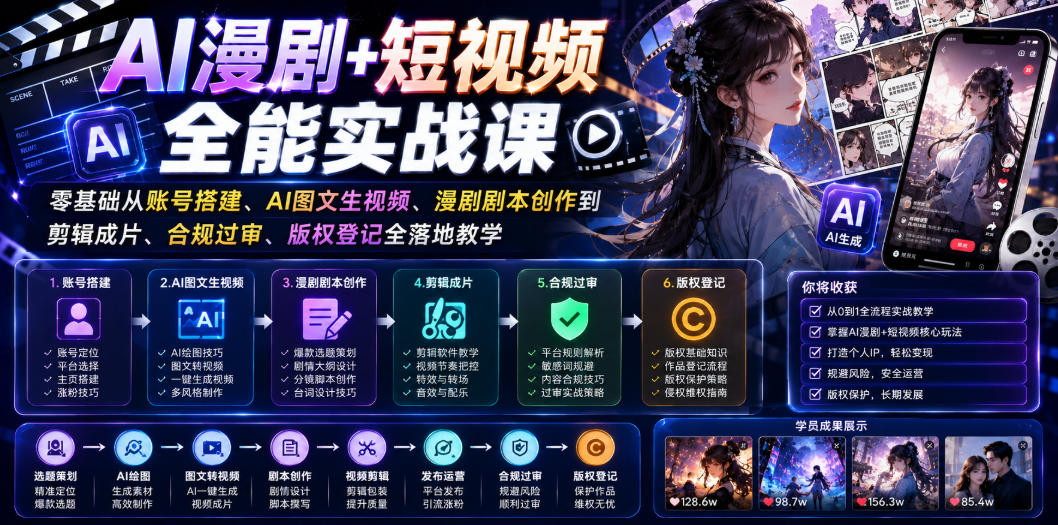 AI漫剧+短视频全能实战课｜零基础从账号搭建、AI图文生视频、漫剧剧本创作到剪辑成片、合规过审、版权登记全落地教学-百盟网