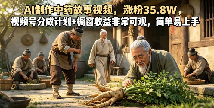 AI制作中药故事视频，涨粉35.8W，视频号分成计划+橱窗收益非常可观，简单易上手-百盟网