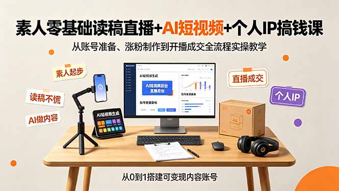 素人零基础读稿直播+AI短视频+个人IP搞钱课，从账号准备、涨粉制作到开播成交全流程实操教学-百盟网