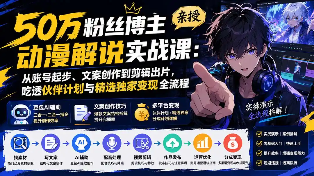 50万粉丝博主亲授动漫解说实战课：从账号起步、文案创作到剪辑出片，吃透伙伴计划与精选独家变现全流程-百盟网