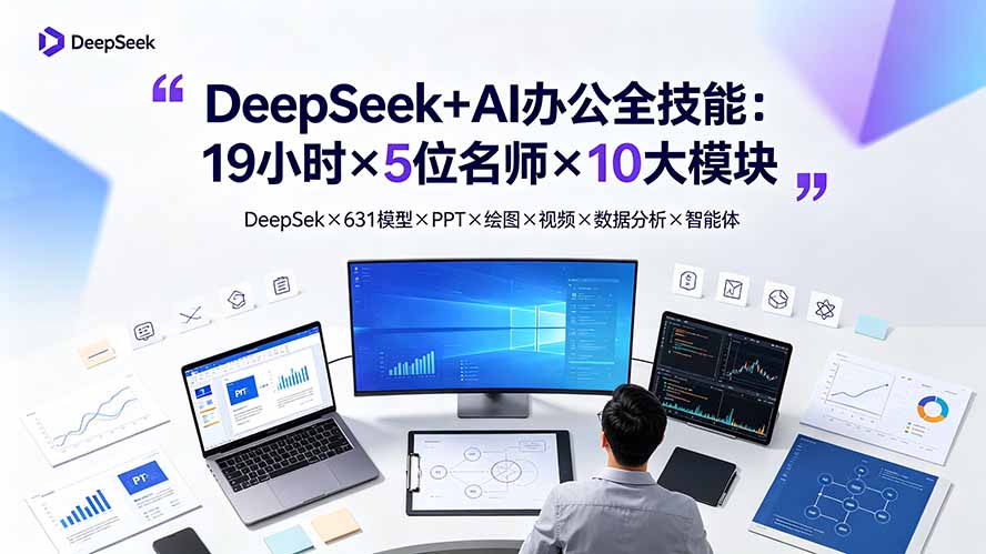 DeepSeek+AI办公全技能：19小时×5位名师×10大模块，DeepSeek×631模型×PPT×绘图×视频×数据分析×智能体-百盟网