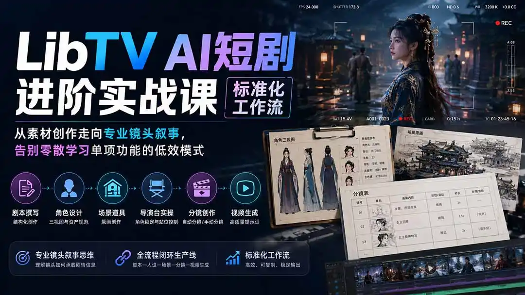 LibTV AI短剧进阶实操课标准化工作流;从素材创作走向专业镜头叙事,告别零散学习单项功能的低效模式-百盟网