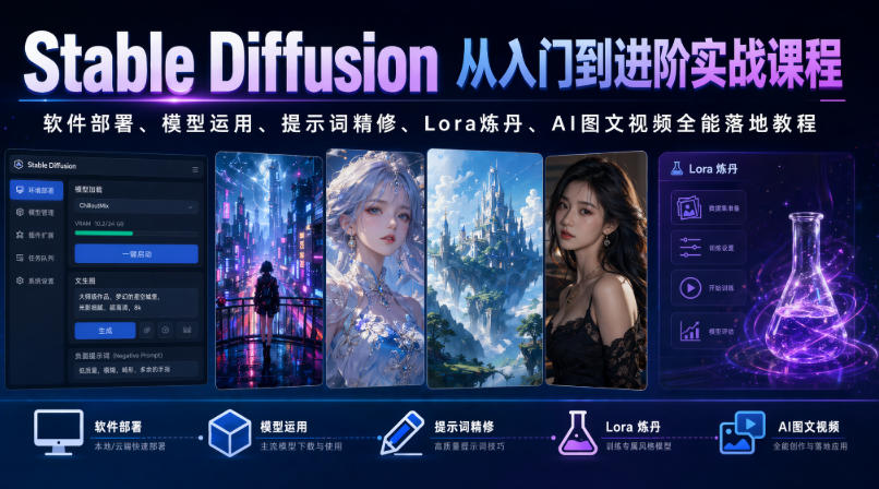 Stable Diffusion从入门到进阶实战课程|软件部署、模型运用、提示词精修、Lora炼丹、AI图文视频全能落地教程-百盟网