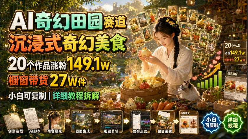 AI奇幻田园赛道，沉浸式奇幻美食，20个作品涨粉149.1W，橱窗带货27W件，小白可复制，详细教程拆解-百盟网