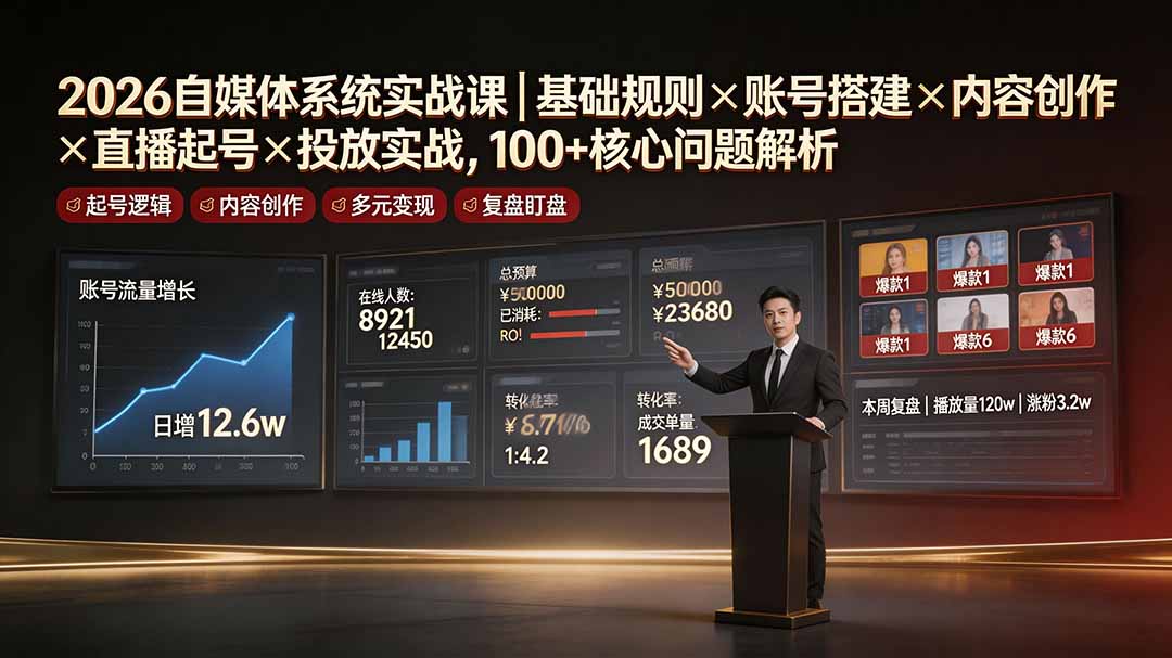 2026自媒体系统实战课|基础规则×账号搭建×内容创作×直播起号×投放实战,100+核心问题解析-百盟网