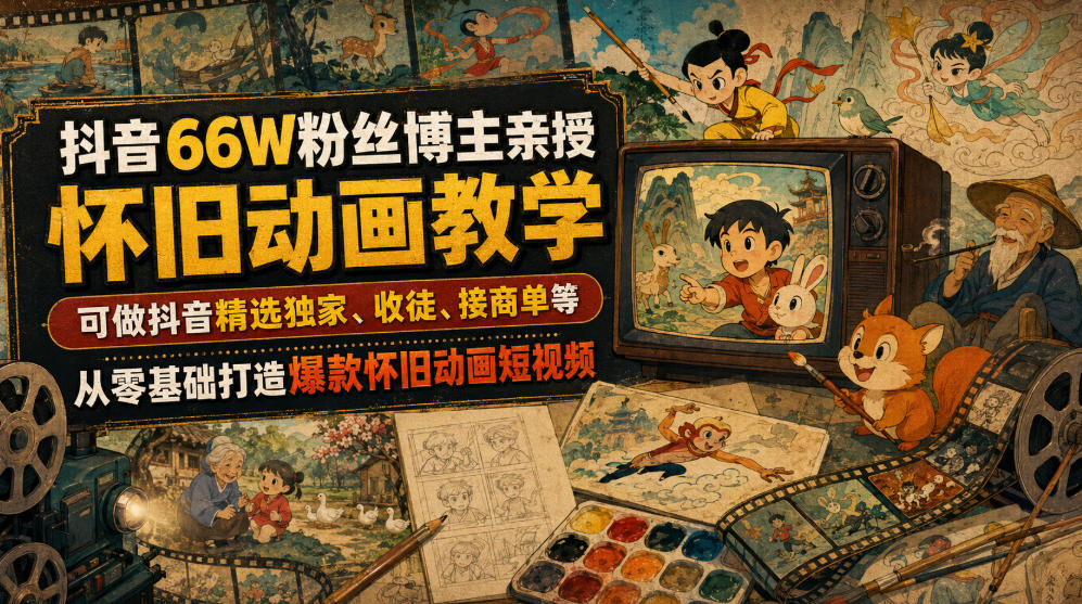 抖音66W粉丝博主亲授怀旧动画教学，可做抖音精选独家、收徒、接商单等，从零基础打造爆款怀旧动画短视频-百盟网