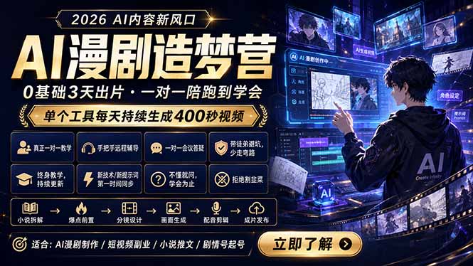 AI漫剧造梦营：0基础3天出片，单个工具每天持续生成400秒视频-百盟网