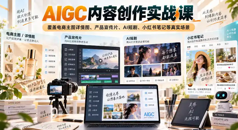 AIGC内容创作实战课,覆盖电商主图详情图、产品宣传片、AI短剧、小红书笔记等真实场景-百盟网