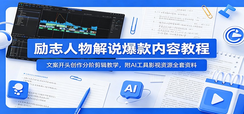 励志人物解说爆款内容教程：文案开头创作分阶剪辑教学，附AI 工具影视资源全套资料-百盟网