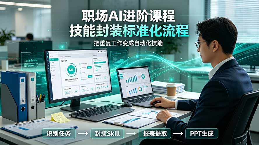 职场AI进阶课程；多类实用Skill工具实操，专属技能封装标准化流程，报表行业报告一键提取核心内容-百盟网
