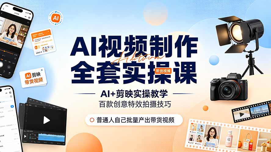 AI视频制作全套实操课，多款AI工具搭配剪映教学，百种特效运镜拍摄实操，抖音账号带货运营全覆盖-百盟网