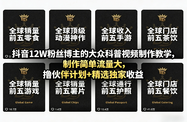 抖音12W粉丝博主的大众科普视频制作教学，制作简单流量大，撸伙伴计划+精选独家收益-百盟网