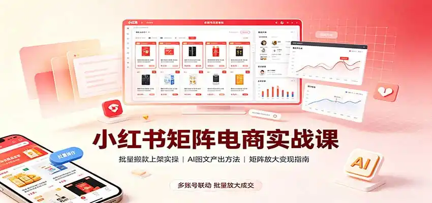 小红书矩阵电商实战课：批量搬款上架实操，AI图文产出，矩阵放大变现指南-百盟网