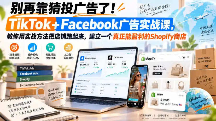 别再靠猜投广告了！TikTok+Facebook广告实战课，教你用实战方法把店铺跑起来，建立一个真正能盈利的Shopify商店【原创双语字幕】-百盟网