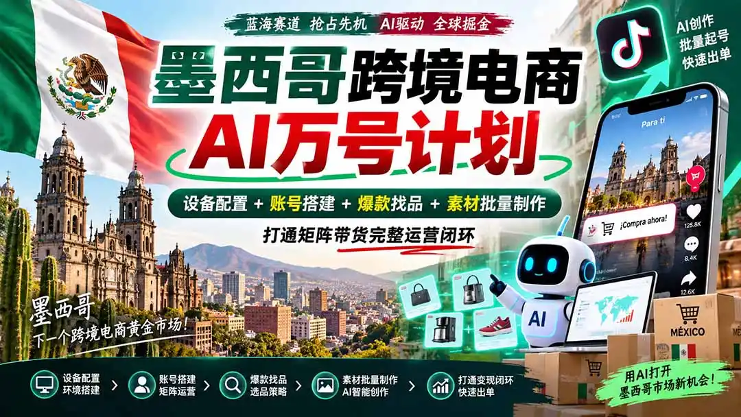 墨西哥AI跨境电商万号计划|设备配置+账号搭建+爆款找品+素材批量制作,打通矩阵带货完整运营闭环 墨西哥AI跨境电商万号计划|设备配置+账号搭建+爆款找品+素材批量制作,打通矩阵带货完整运营闭环