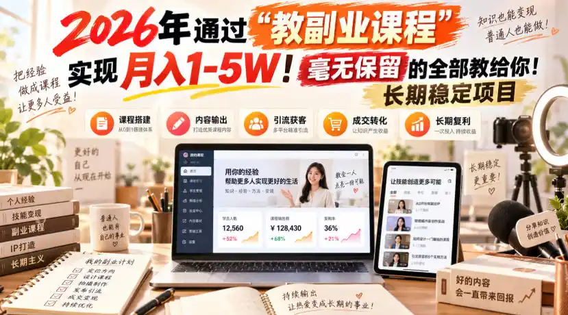 2026年通过“教副业课程”实现月入1-5W！毫无保留的全部教给你！长期稳定项目-百盟网