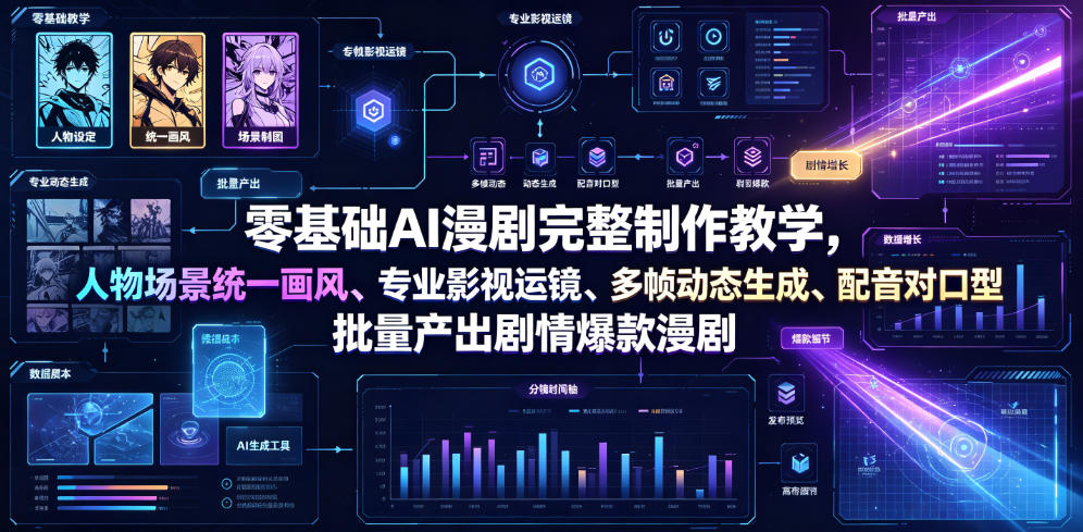 零基础AI漫剧完整制作教学，人物场景统一画风、专业影视运镜、多帧动态生成、配音对口型，批量产出剧情爆款漫剧-百盟网