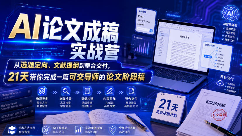 AI论文成稿实战营,从选题定向、文献提纲到整合交付,21天带你完成一篇可交导师的论文阶段稿-百盟网