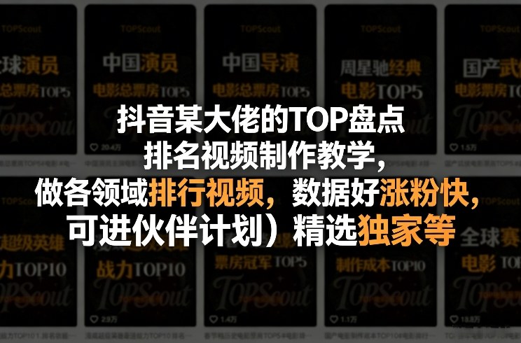 抖音某大佬的TOP盘点排名视频制作，做各领域排行视频，数据好涨粉快，可进伙伴计划＋精选独家等-百盟网