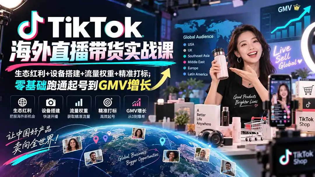 TikTok海外直播带货实战课｜生态红利+设备搭建+流量权重+精准打标，零基础跑通起号到GMV增长-百盟网