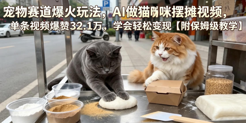 宠物赛道爆火玩法，AI做猫咪摆摊视频，单条视频爆赞32.1万，学会轻松变现【附保姆级教学】-百盟网