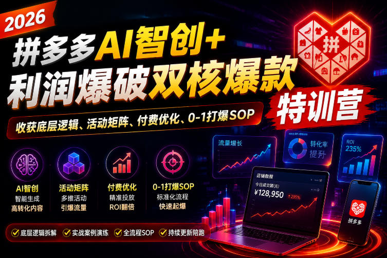 2026拼多多AI智创+利润爆破双核爆款特训营,收获底层逻辑、活动矩阵、付费优化、0-1打爆SOP-百盟网