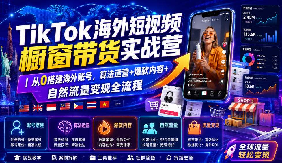 TikTok海外短视频橱窗带货实战营|从0搭建海外账号,算法运营+爆款内容+自然流量变现全流程-百盟网